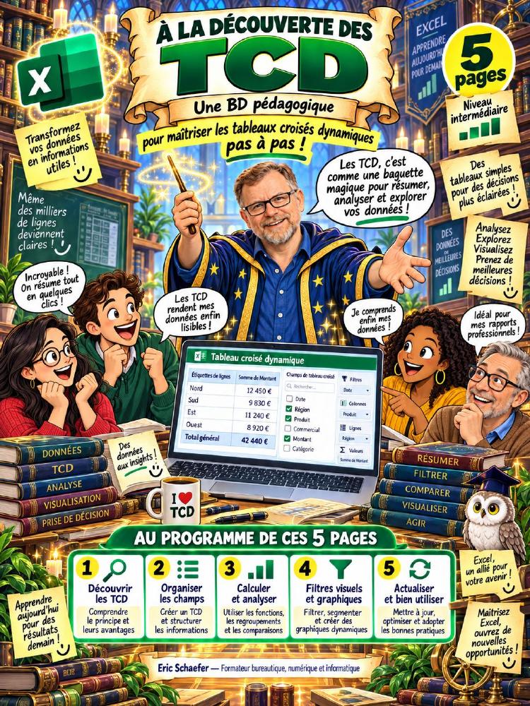 Couverture de la nouvelle BD pédagogique magique sur les tableaux croisés dynamiques Excel